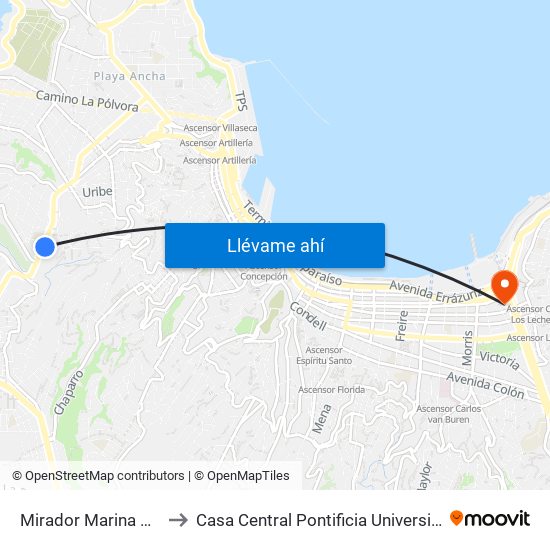 Mirador Marina Mercante Oriente to Casa Central Pontificia Universidad Católica De Valparaíso map