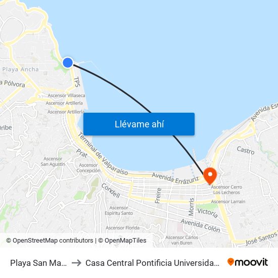 Playa San Mateo / Norte to Casa Central Pontificia Universidad Católica De Valparaíso map