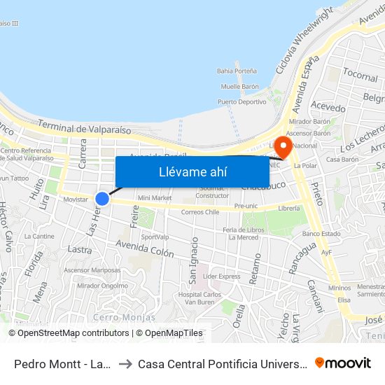 Pedro Montt - Las Heras / Oriente to Casa Central Pontificia Universidad Católica De Valparaíso map