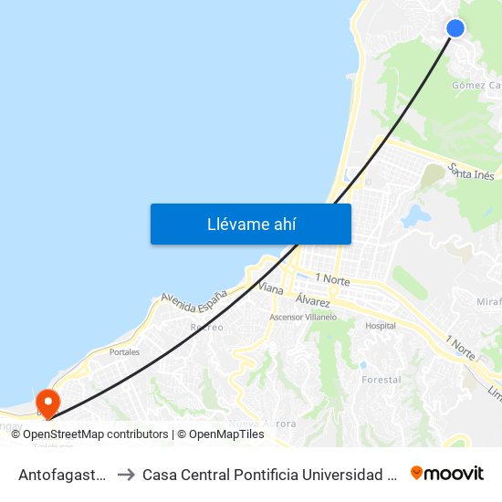 Antofagasta - Pje 38 to Casa Central Pontificia Universidad Católica De Valparaíso map