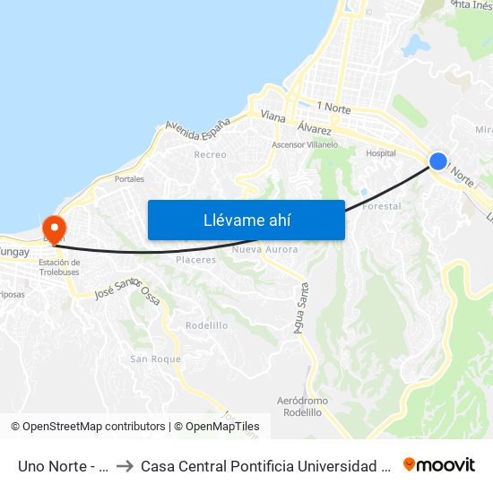 Uno Norte - Lusitania to Casa Central Pontificia Universidad Católica De Valparaíso map
