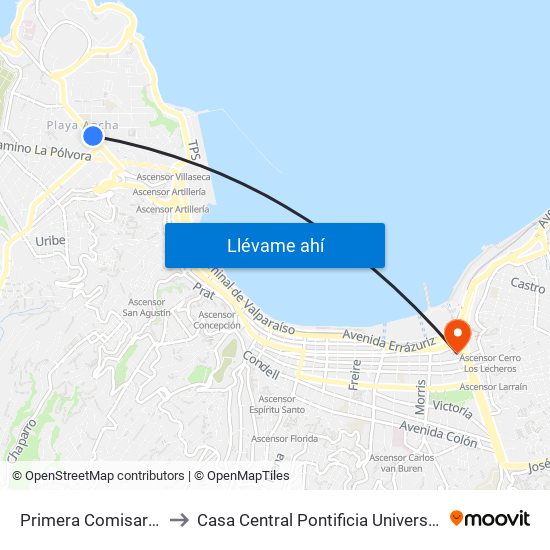 Primera Comisaria Sur Valparaiso to Casa Central Pontificia Universidad Católica De Valparaíso map