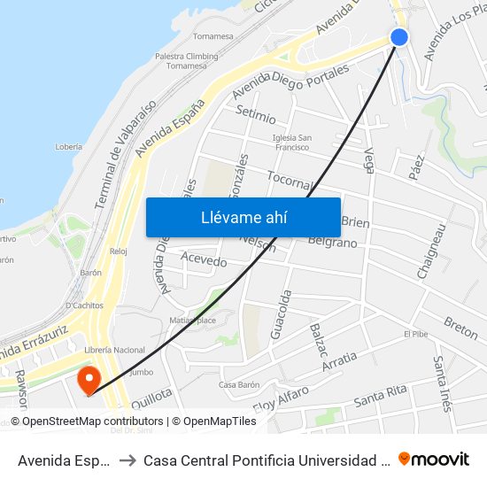 Avenida España, 1139 to Casa Central Pontificia Universidad Católica De Valparaíso map