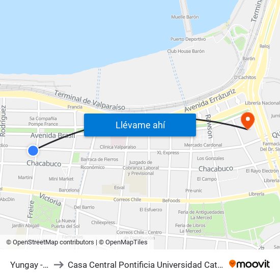 Yungay - Freire to Casa Central Pontificia Universidad Católica De Valparaíso map