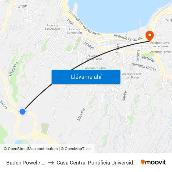 Baden Powel / Cosmopolita to Casa Central Pontificia Universidad Católica De Valparaíso map