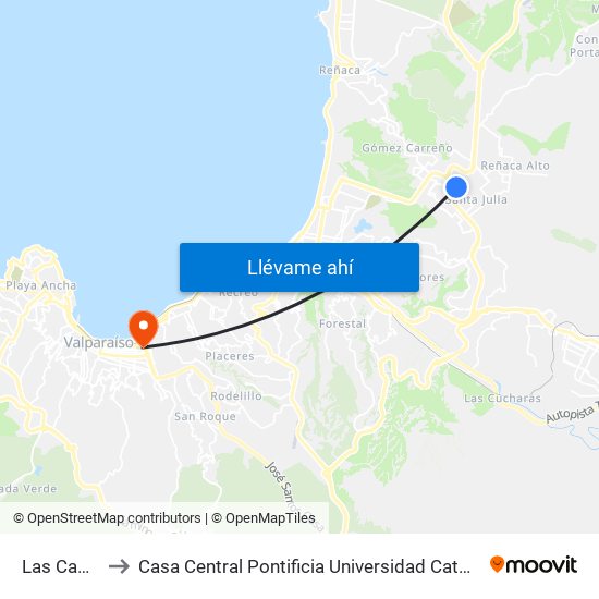 Las Camelias to Casa Central Pontificia Universidad Católica De Valparaíso map