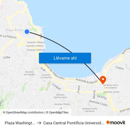 Plaza Washington / Poniente to Casa Central Pontificia Universidad Católica De Valparaíso map
