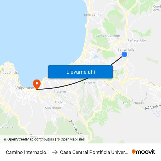 Camino Internacional - Las Azucenas to Casa Central Pontificia Universidad Católica De Valparaíso map