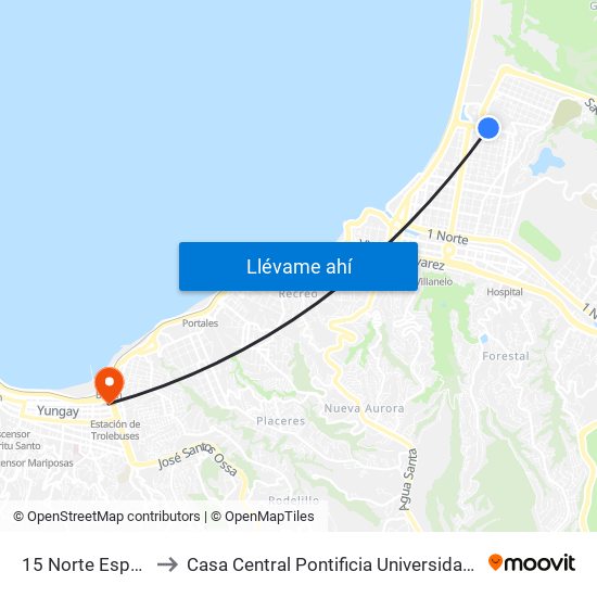 15 Norte Espacio Urbano to Casa Central Pontificia Universidad Católica De Valparaíso map