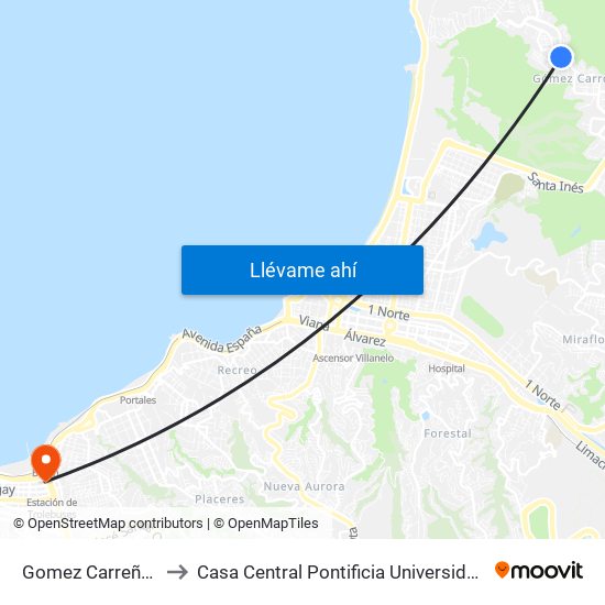 Gomez Carreño / Bencinera to Casa Central Pontificia Universidad Católica De Valparaíso map