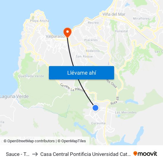 Sauce - Tercera to Casa Central Pontificia Universidad Católica De Valparaíso map