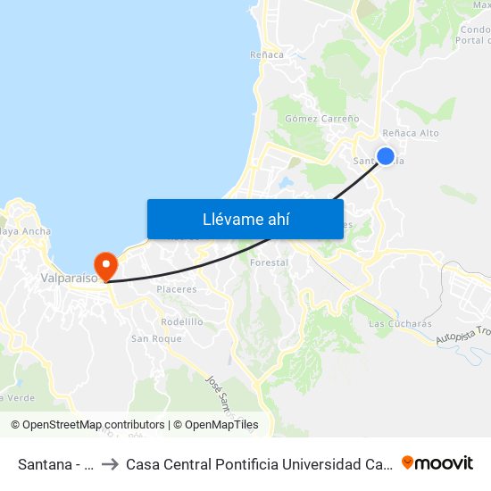 Santana - Calle A to Casa Central Pontificia Universidad Católica De Valparaíso map