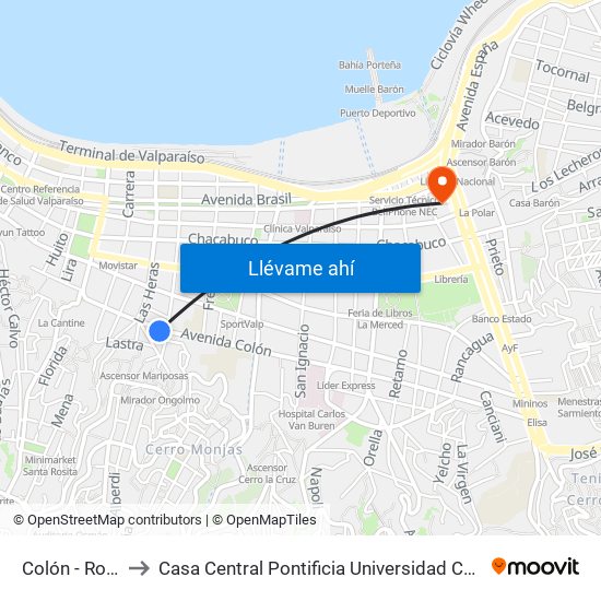 Colón - Rodríguez to Casa Central Pontificia Universidad Católica De Valparaíso map