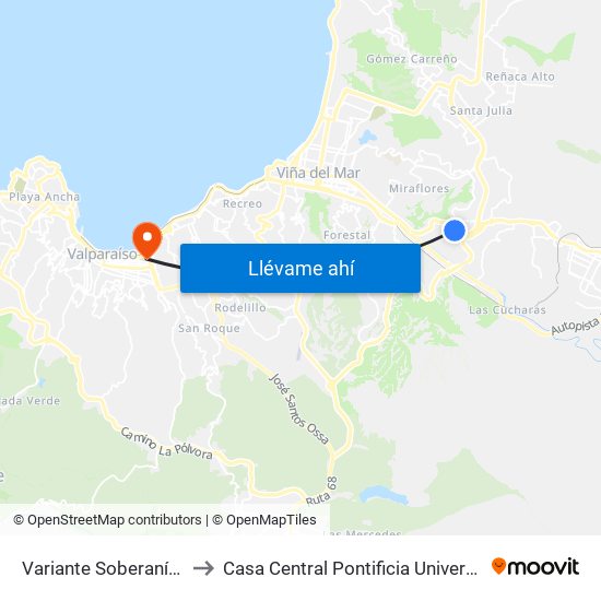 Variante Soberanía / Camino Troncal to Casa Central Pontificia Universidad Católica De Valparaíso map