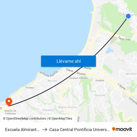 Escuela Almirante Gomez Carreño to Casa Central Pontificia Universidad Católica De Valparaíso map