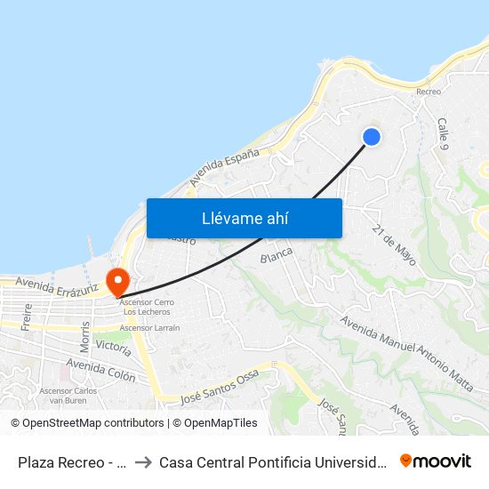 Plaza Recreo - M Rodriguez to Casa Central Pontificia Universidad Católica De Valparaíso map