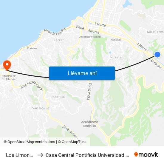 Los Limonares, 121 to Casa Central Pontificia Universidad Católica De Valparaíso map