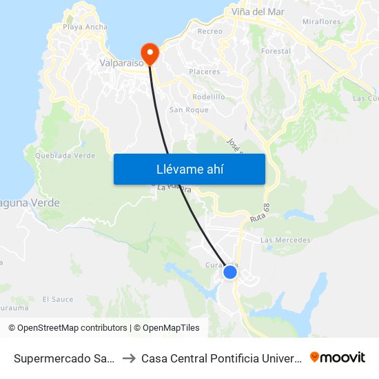 Supermercado Santa Isabel / Oriente to Casa Central Pontificia Universidad Católica De Valparaíso map