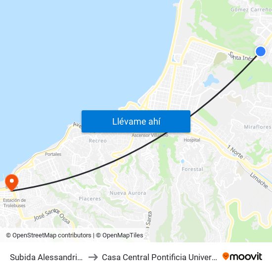 Subida Alessandri - Sta Ines / Oriente to Casa Central Pontificia Universidad Católica De Valparaíso map