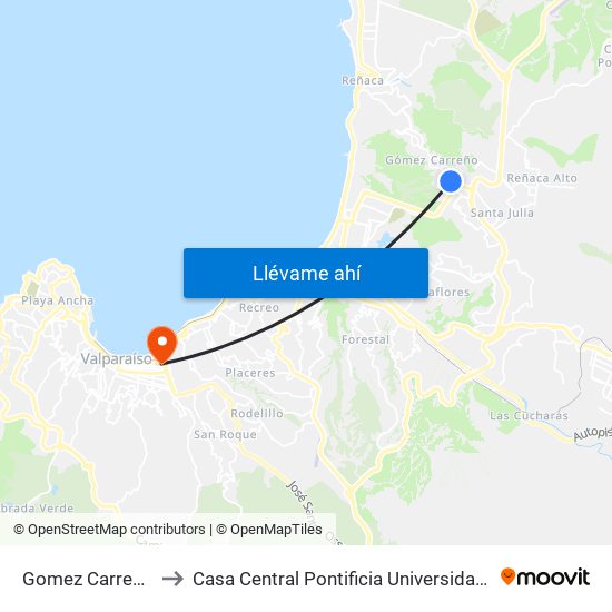 Gomez Carreño - Pacifico to Casa Central Pontificia Universidad Católica De Valparaíso map