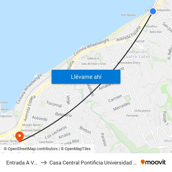 Entrada A Valparaiso to Casa Central Pontificia Universidad Católica De Valparaíso map