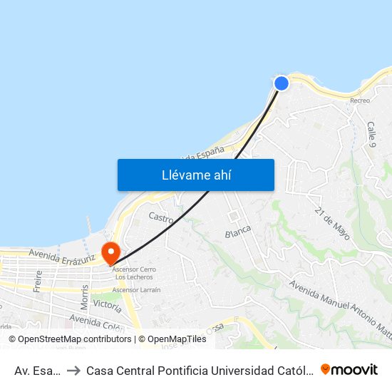 Av. Esapaña to Casa Central Pontificia Universidad Católica De Valparaíso map