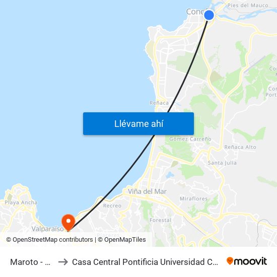 Maroto - Calle 13 to Casa Central Pontificia Universidad Católica De Valparaíso map