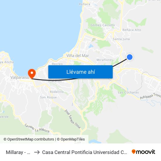 Millaray - Millaray to Casa Central Pontificia Universidad Católica De Valparaíso map