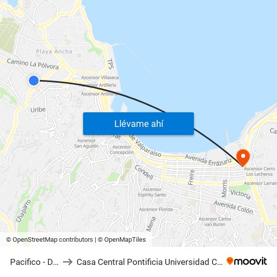 Pacifico - Domeyko to Casa Central Pontificia Universidad Católica De Valparaíso map