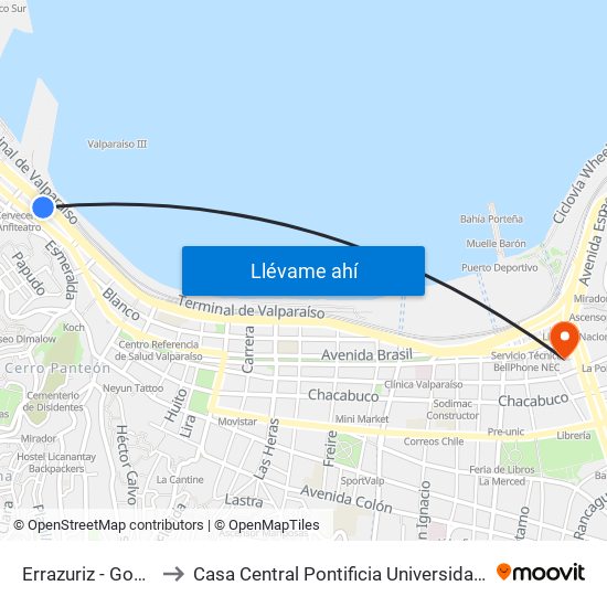 Errazuriz - Gomez Carreño to Casa Central Pontificia Universidad Católica De Valparaíso map
