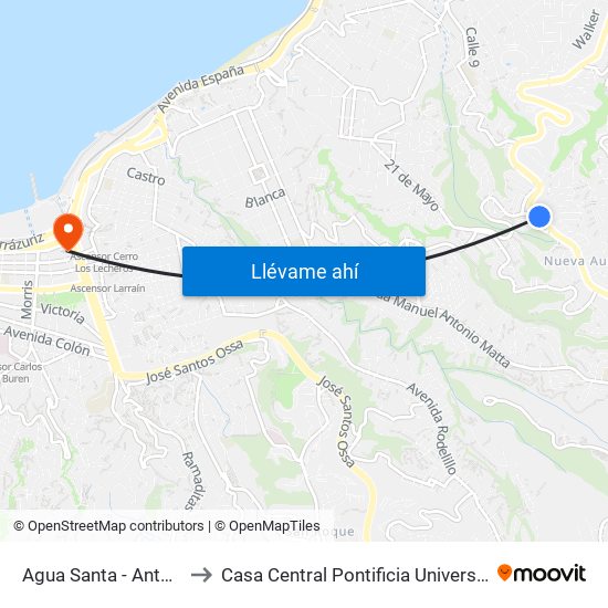 Agua Santa - Antofagasta - Iquique to Casa Central Pontificia Universidad Católica De Valparaíso map
