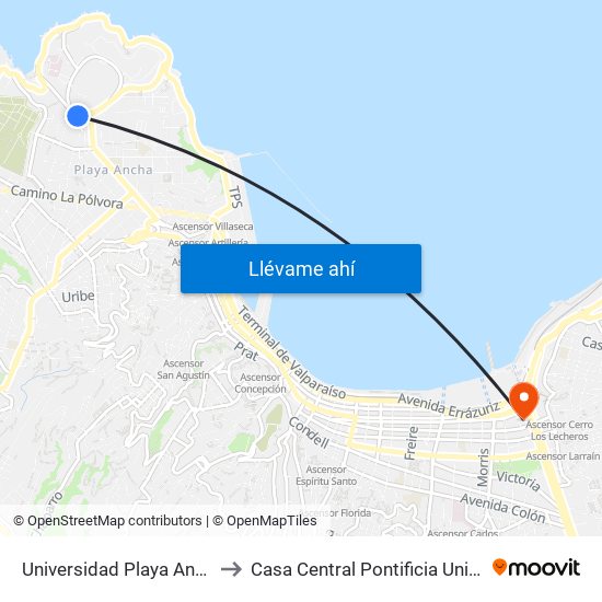 Universidad Playa Ancha - Campus 1 / Poniente to Casa Central Pontificia Universidad Católica De Valparaíso map