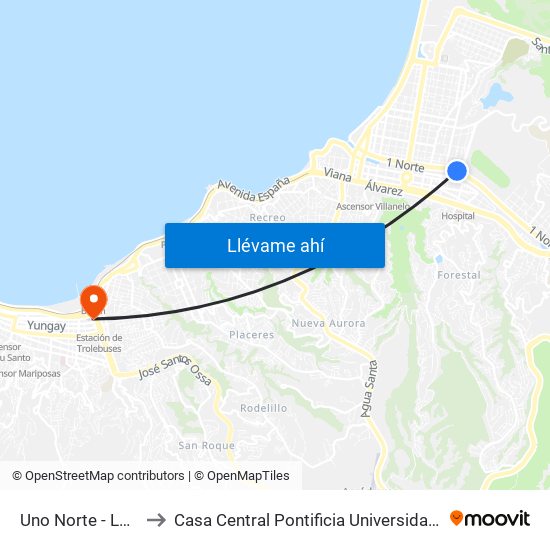 Uno Norte - Los Castaños to Casa Central Pontificia Universidad Católica De Valparaíso map