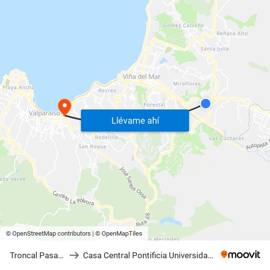 Troncal Pasarela / Norte to Casa Central Pontificia Universidad Católica De Valparaíso map