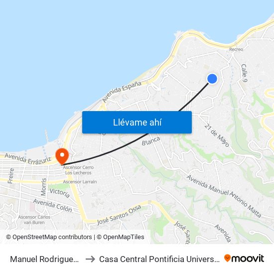 Manuel Rodriguez - 18 Septiembre to Casa Central Pontificia Universidad Católica De Valparaíso map