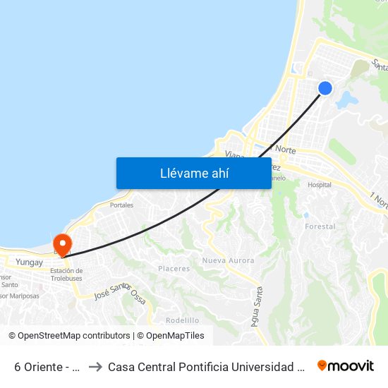 6 Oriente - 14 Norte to Casa Central Pontificia Universidad Católica De Valparaíso map