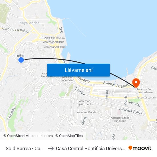 Sold Barrea - Camino Queb Verde to Casa Central Pontificia Universidad Católica De Valparaíso map