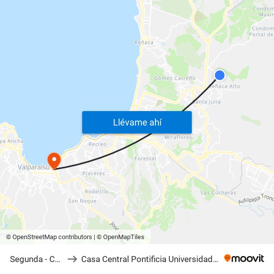 Segunda - Calle Cuatro to Casa Central Pontificia Universidad Católica De Valparaíso map