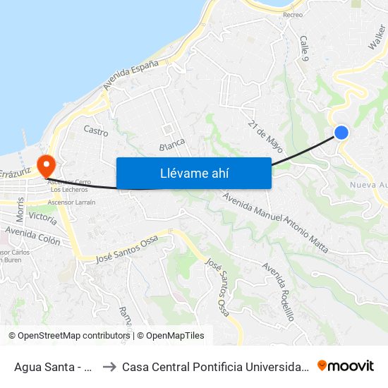 Agua Santa - Los Canelos to Casa Central Pontificia Universidad Católica De Valparaíso map
