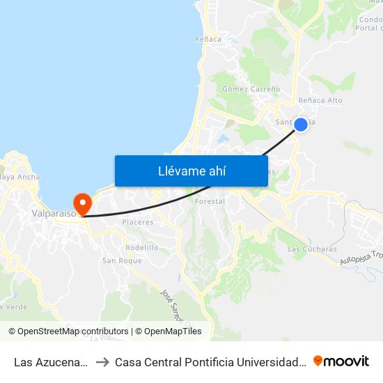 Las Azucenas - Pje Uno to Casa Central Pontificia Universidad Católica De Valparaíso map
