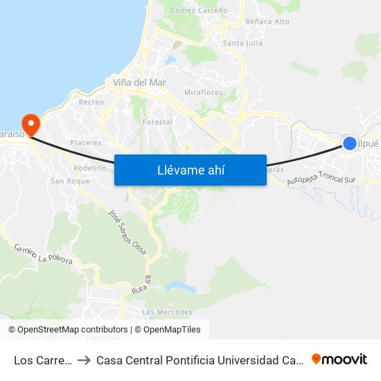 Los Carrera 277 to Casa Central Pontificia Universidad Católica De Valparaíso map