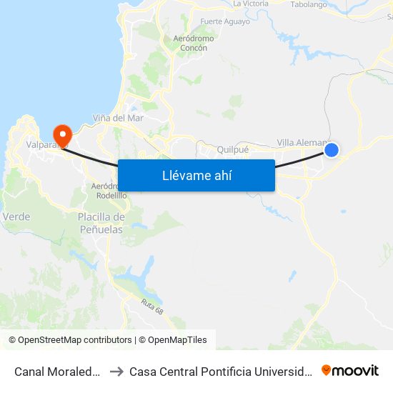 Canal Moraleda - Los Andes to Casa Central Pontificia Universidad Católica De Valparaíso map