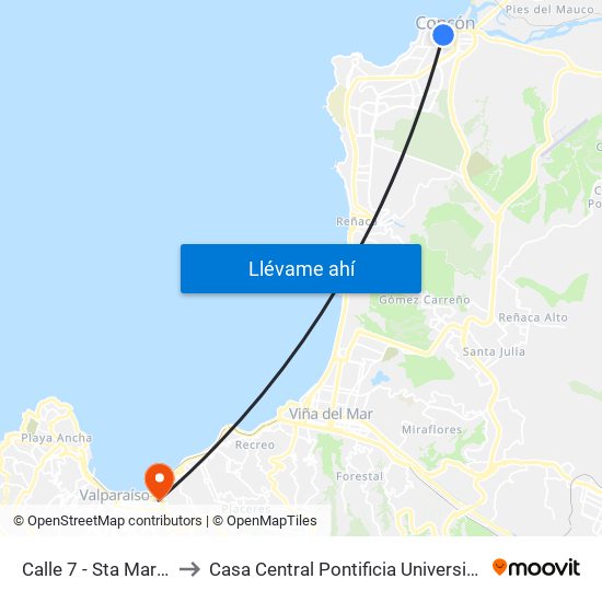 Calle 7 - Sta Margarita / Oriente to Casa Central Pontificia Universidad Católica De Valparaíso map