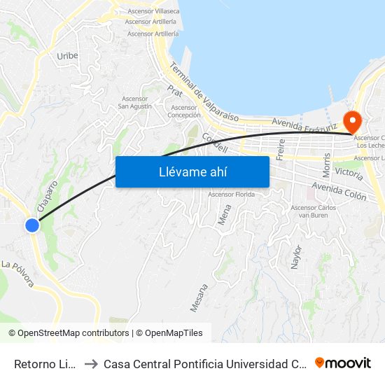 Retorno Linea 903 to Casa Central Pontificia Universidad Católica De Valparaíso map