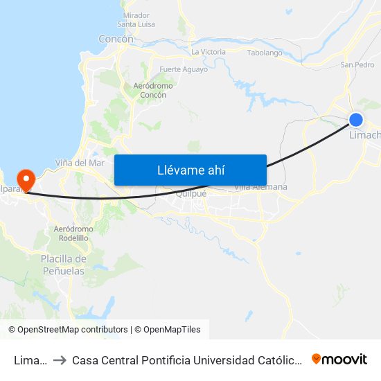 Limache to Casa Central Pontificia Universidad Católica De Valparaíso map