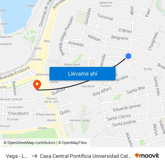 Vega - Lautaro to Casa Central Pontificia Universidad Católica De Valparaíso map