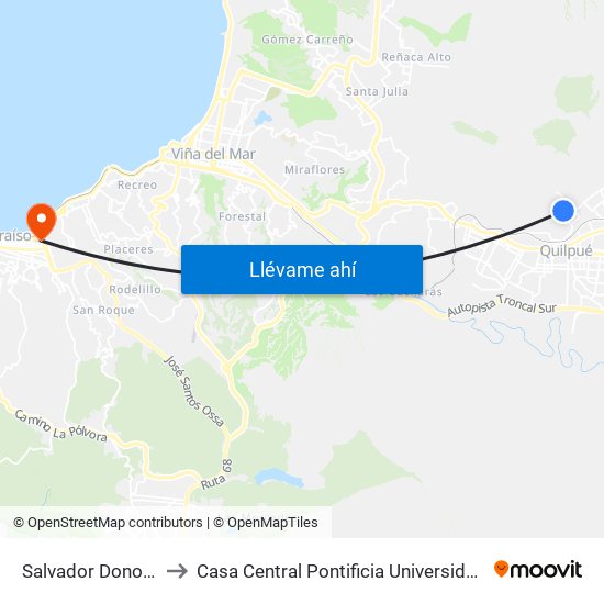 Salvador Donoso - Granada to Casa Central Pontificia Universidad Católica De Valparaíso map