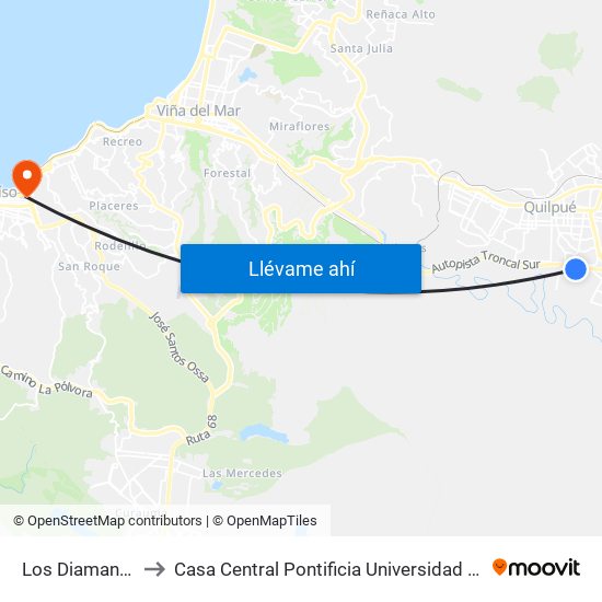 Los Diamantes / Este to Casa Central Pontificia Universidad Católica De Valparaíso map