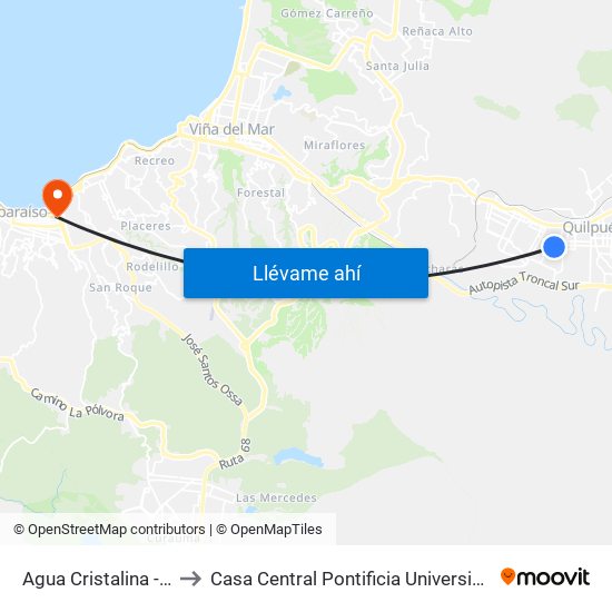 Agua Cristalina - Ismael Huerta to Casa Central Pontificia Universidad Católica De Valparaíso map