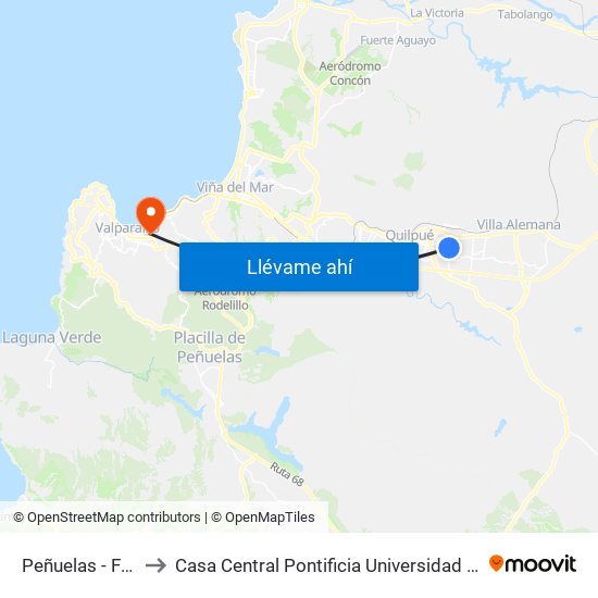 Peñuelas - Fernandois to Casa Central Pontificia Universidad Católica De Valparaíso map